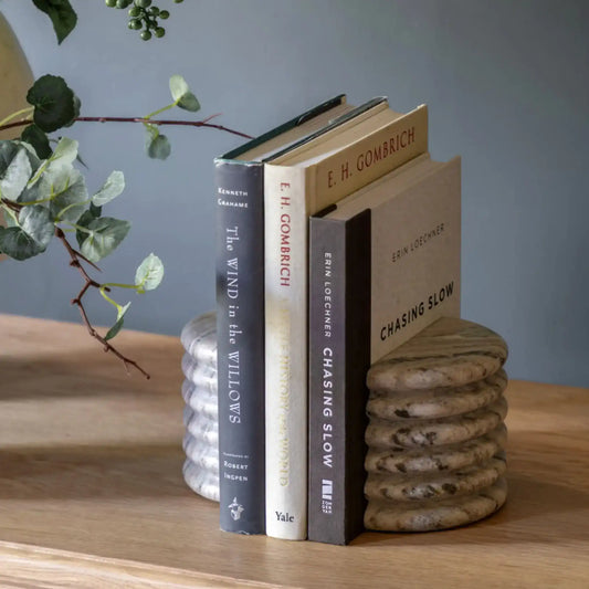 Stack of books on a wooden surface with a plant in the background