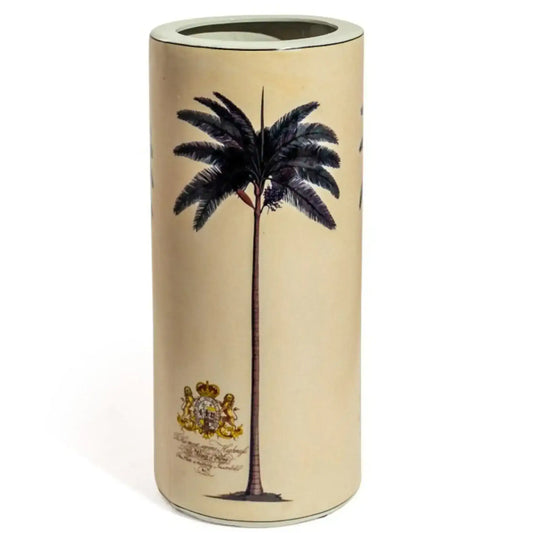 Umbrella stand with palm tree design and emblem on a beige background