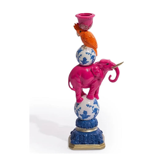 Decorative figurine with pink elephant, orange parrot, and blue and white ball on a white background