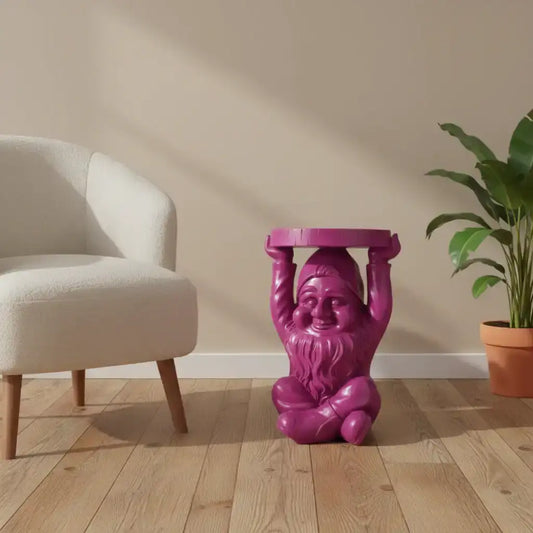 Purple gnome-shaped side table in a room with a beige chair and plant.