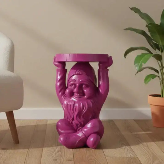 Purple gnome-shaped side table in a room with a plant and chair.