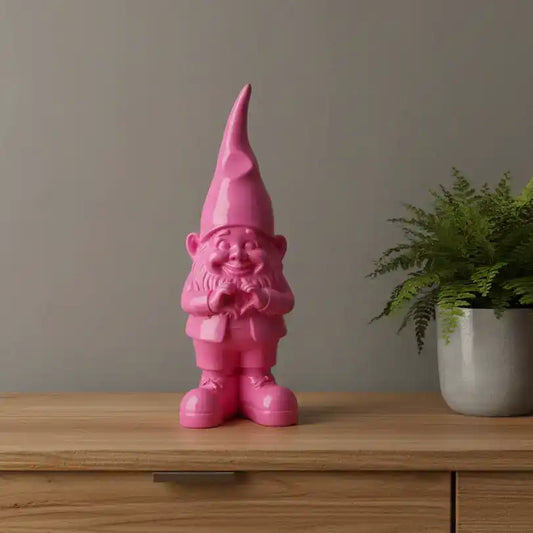 Pink gnome figurine on a white background