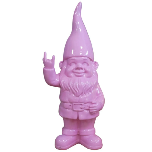 Pink garden gnome figurine on a white background