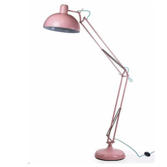 Pink floor lamp with adjustable arm on a white background
