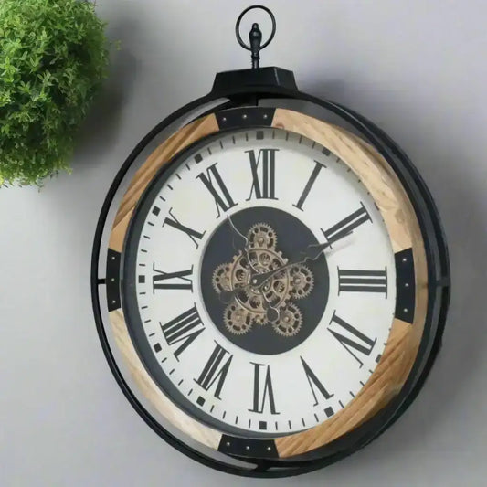 Decorative wall clock with Roman numerals and gear detail on a white background