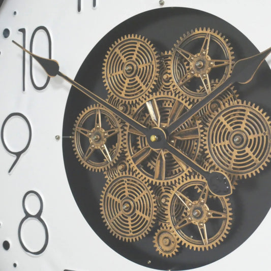 Clock with gold gears on a black face