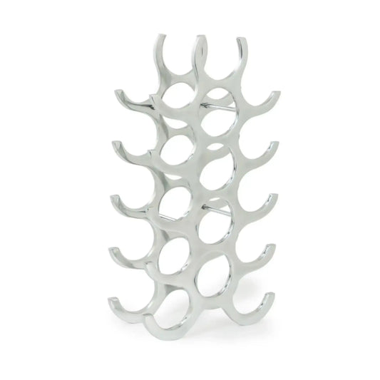 Silver wine rack with leaf-like design on a white background
