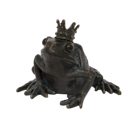 Bronze frog figurine with a crown on a white background