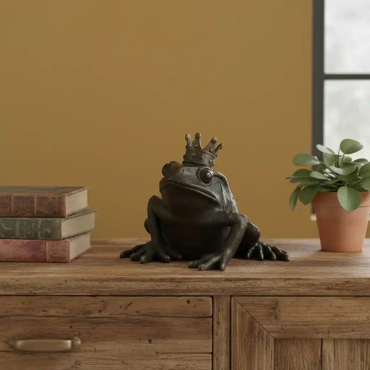 Frog statue with a crown on a wooden surface with books and a plant in the background.