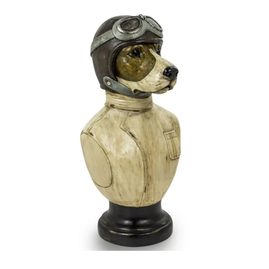 Decorative dog figurine wearing a vintage pilot helmet on a white background