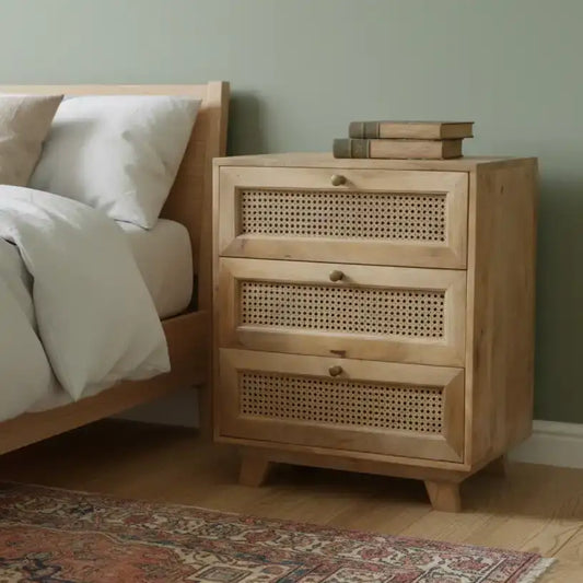 Wooden nightstand with wicker drawers next to a bed in a bedroom setting.