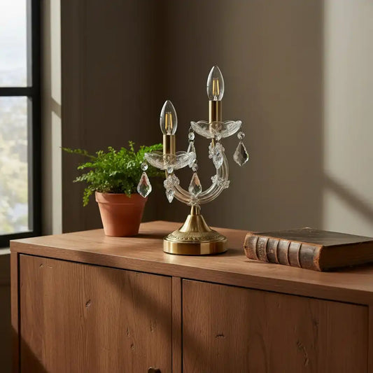 Decorative table lamp with crystal accents on a white background