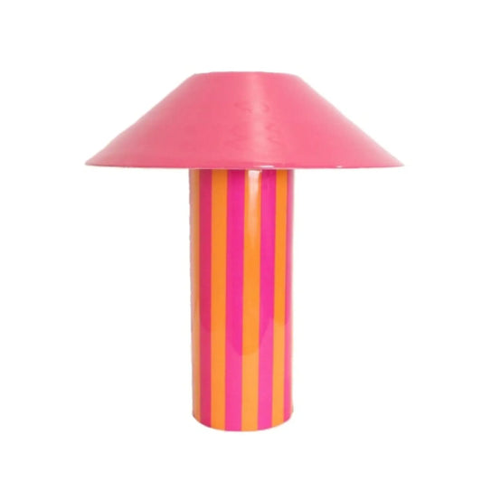 Colorful striped lamp with a pink shade on a white background