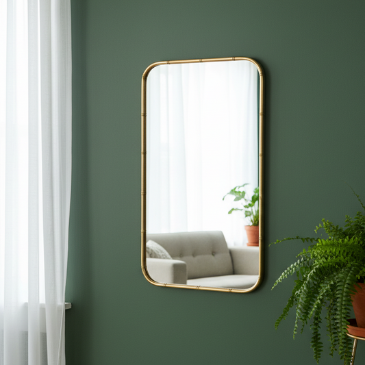Rectangular mirror with gold frame on a green wall, reflecting a living room with a sofa and plant.