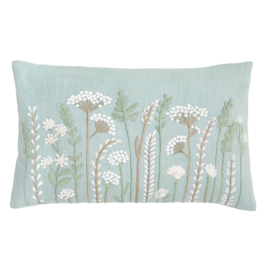 Rectangular Embroidered Meadow Duck Egg Blue Cushion