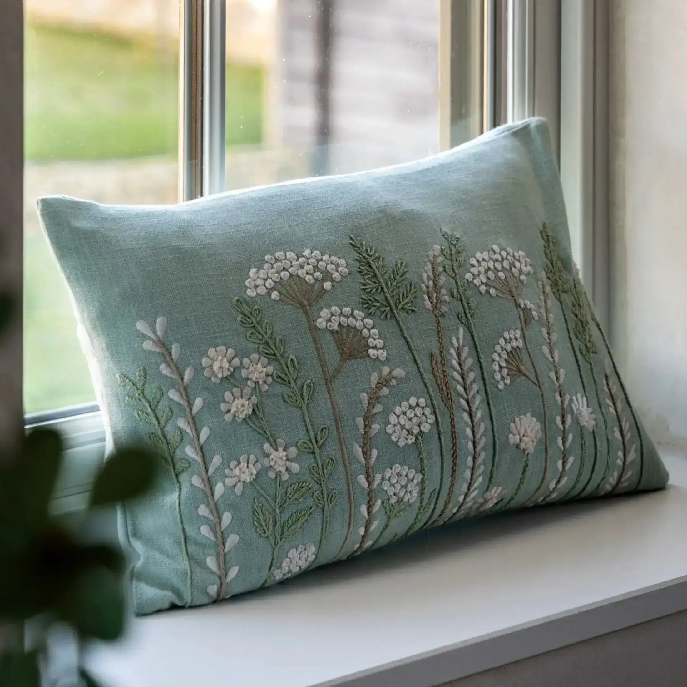 Rectangular Embroidered Meadow Duck Egg Blue Cushion