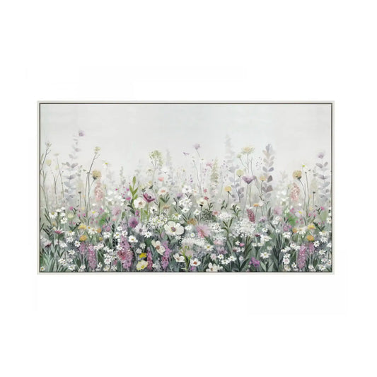 Framed artwork of a colorful floral field on a white background