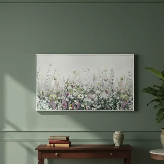 Decorative interior with a floral painting, wooden console table, and plant against a green wall.