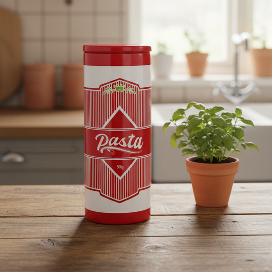 Red and white pasta canister on a wooden table with a potted plant in the background