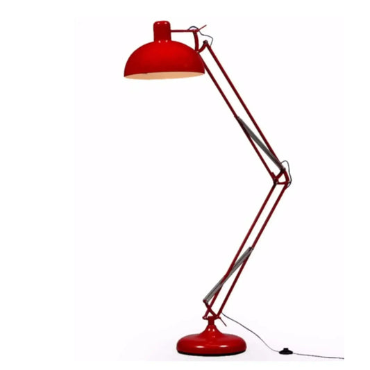 Red floor lamp with a long arm on a white background