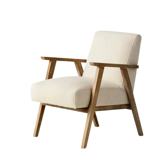 Beige armchair with wooden frame on a white background