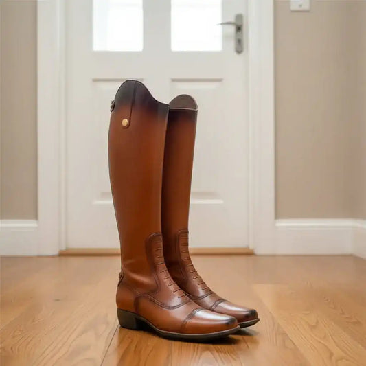Pair of brown riding boots on a wooden floor with a white door in the background.