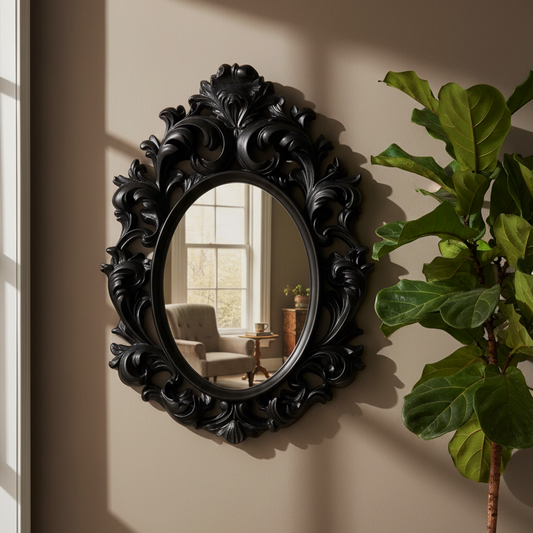 Rococo Aged Black Oval Wall Mirror