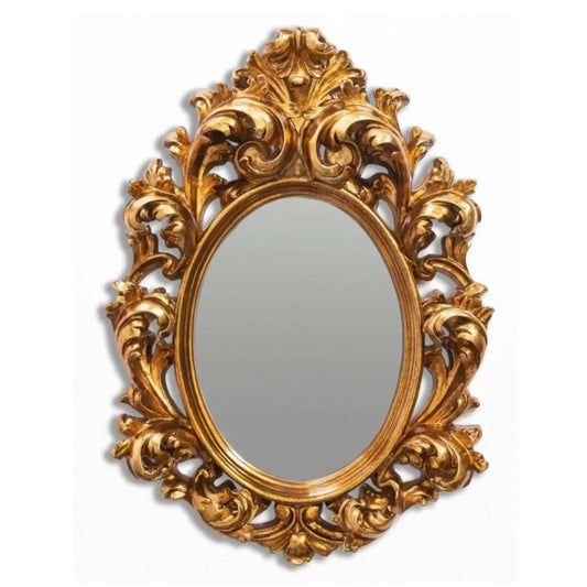 Decorative gold mirror with intricate patterns on a white background