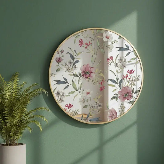 Floral decorative plate on a green wall with a plant beside it