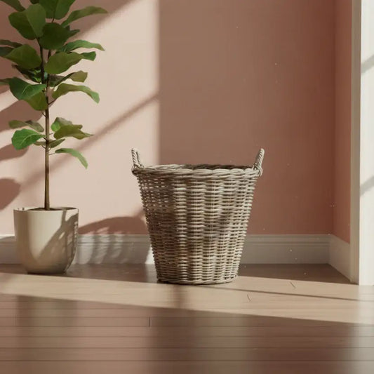 Wicker basket and potted plant on a wooden surface with a pink wall background