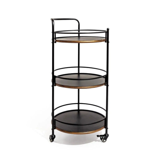 Three-tiered metal serving cart with wooden shelves on a white background