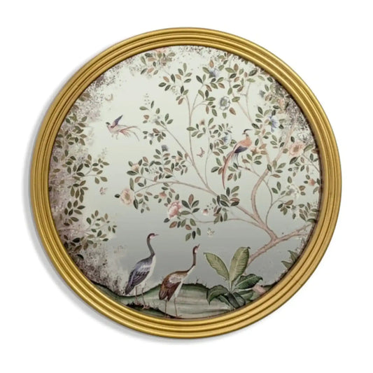 Round Decorative Gold Frame Bird & Floral Wall Mirror