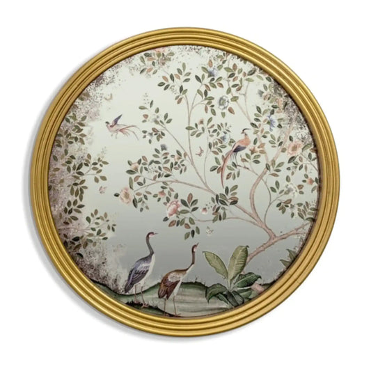 Round Decorative Gold Frame Bird & Floral Wall Mirror