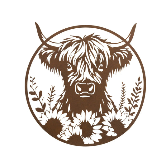 Brown and white illustration of a highland cow with flowers on a white background