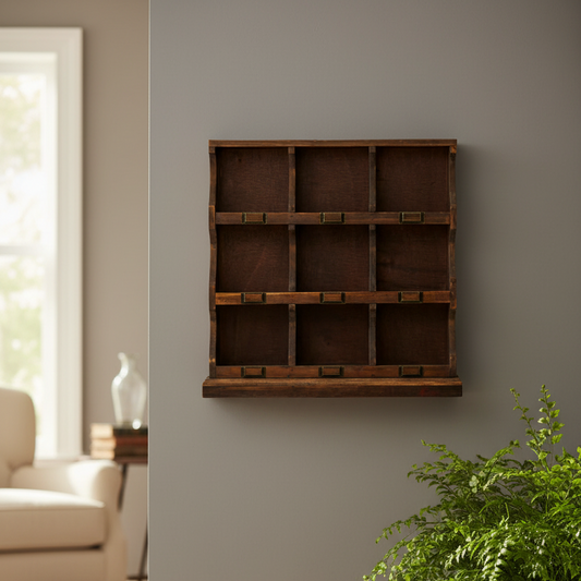 A rustic dark brown wooden wall-mounted organizer with nine compartments, shown hanging on a gray wall in a styled living room setting with a plant and armchair visible.