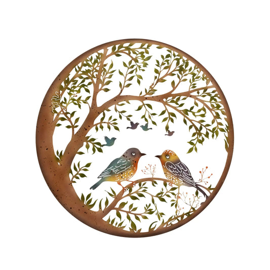 Decorative metal wall art with birds and tree design on a white background