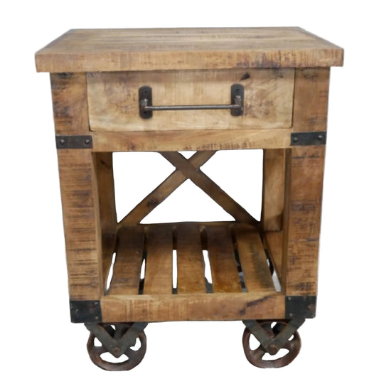 Wooden cart with a drawer and wheels on a plain background