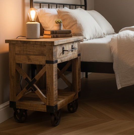 Wooden nightstand with lamp and books next to a bed in a bedroom setting