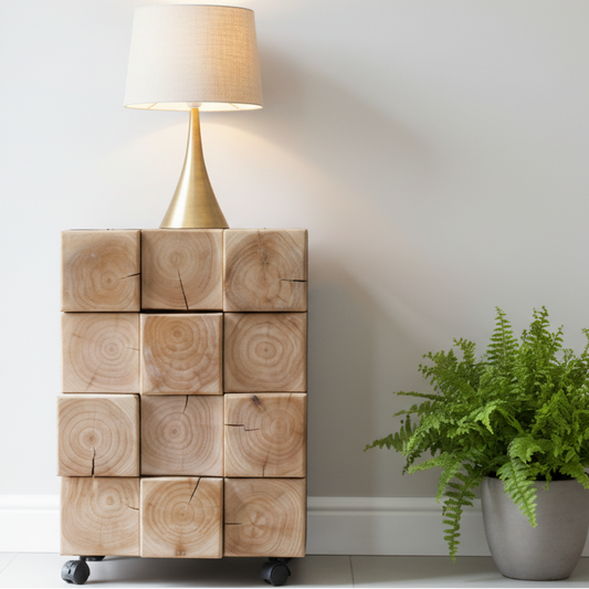 Wooden cube cabinet with a lamp and potted plant on a light background