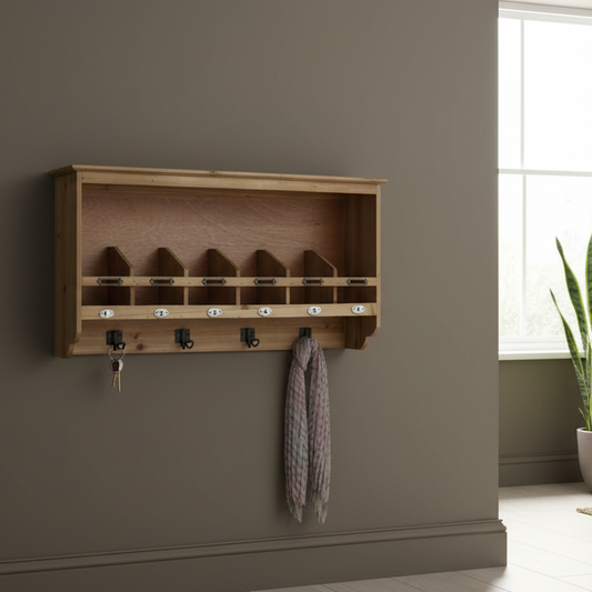 Wooden wall-mounted coat rack with hooks on a gray wall.