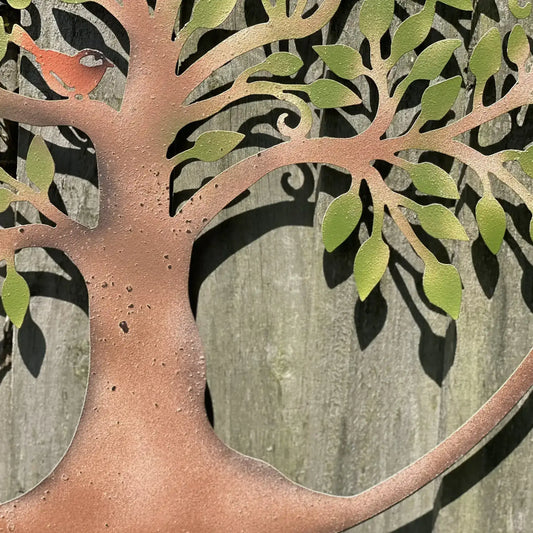 Rustic Metal Tree Wall Art with Green Leaves 1