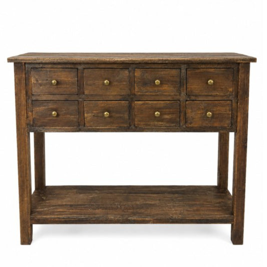 A rustic dark brown wooden console table with nine drawers, brass knobs, and an open lower shelf, shown against a plain white background.