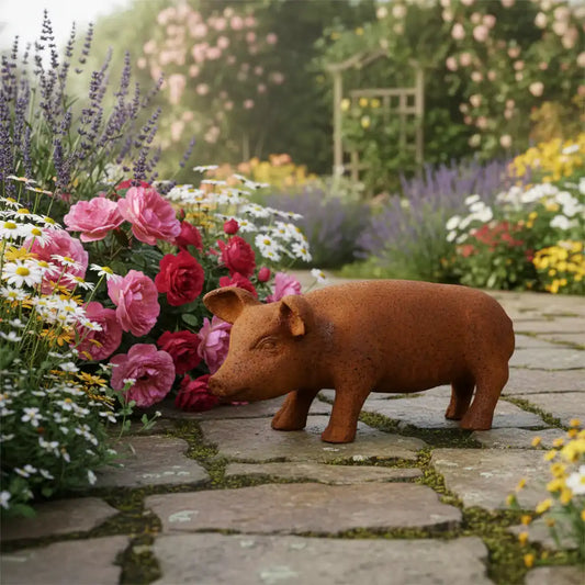 Decorative pig sculpture on a stone path with flowers and garden in the background