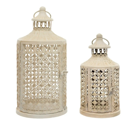 Set of Two Aged White Metal Filigree Lanterns