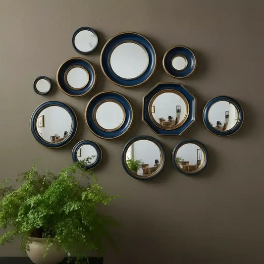 Set of ceramic plates with blue rims on a white background