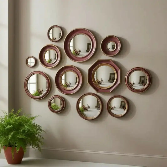 Set of decorative plates with a maroon rim on a white background