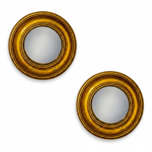Set of 2 Antique Gold Round Convex Framed Mirrors