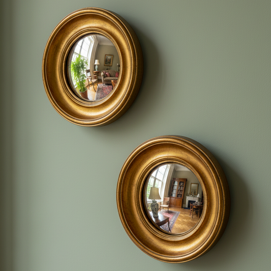 Set of 2 Antique Gold Round Convex Framed Mirrors
