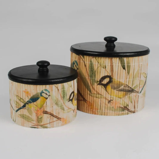Set of 2 Birds Bamboo Pots with Wood Lids