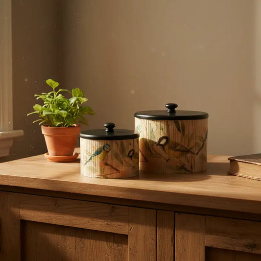 Set of 2 Birds Bamboo Pots with Wood Lids